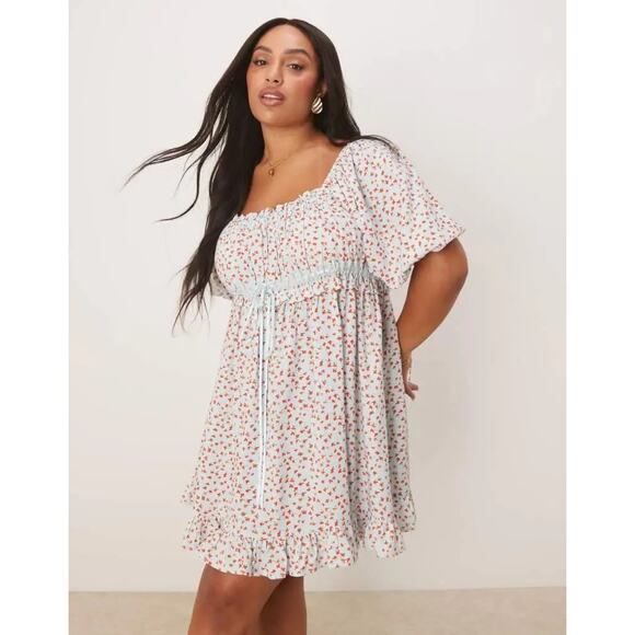 ASOS Dresses & Skirts - Asos Design Curve Blue Ditsy Floral Square Neck Puff Sleeve Mini Dress Size 14